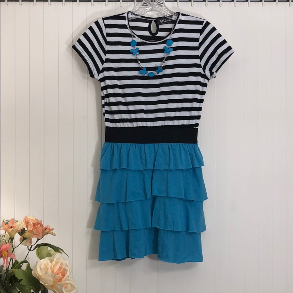 BTween Dress Ruffled Skirt Striped Top w/Necklace Sz L